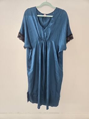 Women's Teal Satin Chemise with Lace Trim Size S
